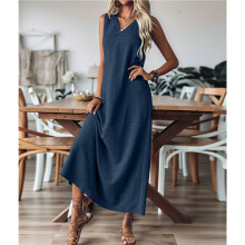 Summer Dresses for Women Cotton Linen Maxi Dress Casual Sleeveless Solid Long Sundress Deep L