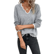 Women V Neck Sweaters Pullover Cozy Light-Weight Sweaters Long Sleeve Tops Gray S