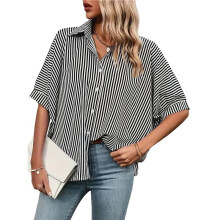 Women'S Casual Stripe Button Down Collar V Neck Half Sleeve Loose Blouse Shirt Top Black XL