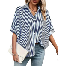 Women'S Casual Stripe Button Down Collar V Neck Half Sleeve Loose Blouse Shirt Top S