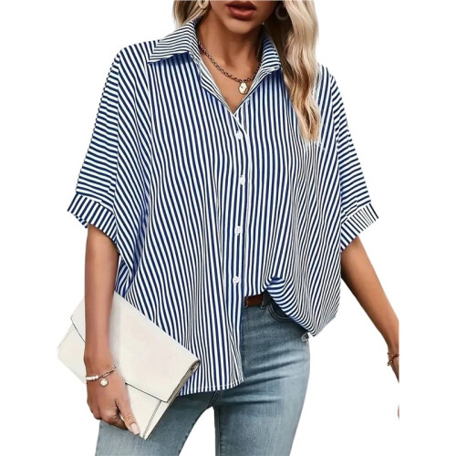 Camicia Casual da Donna A Righe con Bottoni, Collo A V, Maniche Corte e Ampia Blu S