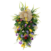 Couronne de printemps-été en feuilles et fleurs artificielles multicolores pour porte d'entrée, jardin, mariage et fête