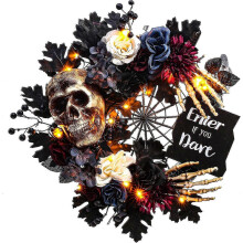 Guirlande de crânes d'Halloween effrayante avec lumières LED et toile d'araignée pour décoration extérieure