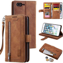 Brieftaschenhülle für iPhone 7 Plus, iPhone 8 Plus, 9 Kartenfächer, Reißverschluss, PU-Leder – Braun