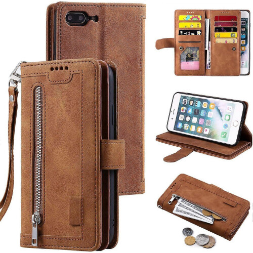 Wallet Case iPhone 7 Plus iPhone 8 Plus, 9 Card Holder Slots Zipper Case PU Leather Case - Brown