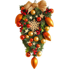 Couronne de Noël en forme de larme - Décoration de porte festive avec nœud et accents en rotin doré