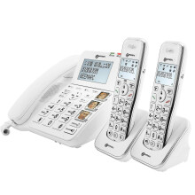 Teléfono amplificado con 2 auriculares inalámbricos y contestador automático.