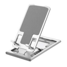 Supporto per cellulare regolabile in altezza, colore argento.