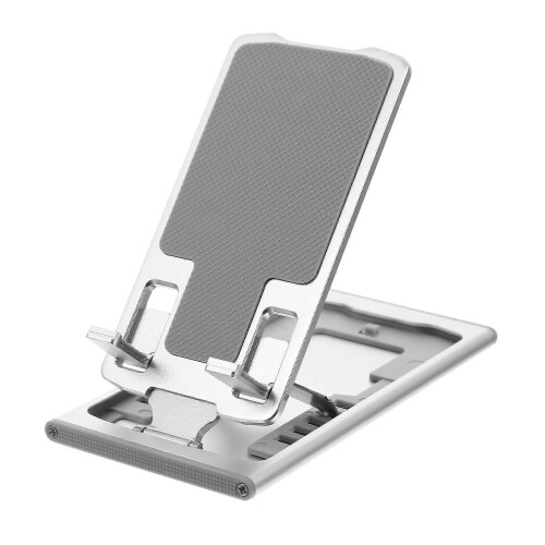 Supporto per cellulare regolabile in altezza, colore argento.