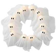 Couronne de fantômes lumineuse d'Halloween, guirlande blanche fantôme avec lumières LED, idéale pour décorer porche et porte.