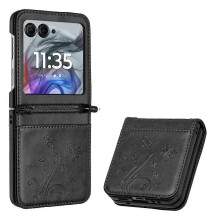 Lederhülle mit Schmetterlings- und Blumenmuster für Motorola Razr 60/50 5G, inklusive Tragegurt, Schwarz