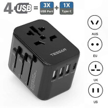Adaptador de viaje universal con 3 puertos USB y 1 puerto USB-C para uso global.