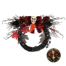 Couronne de porte en forme de crâne d'horreur, fleurs de roses artificielles, ruban lumineux LED, guirlande en rotin, applique murale ou de fenêtre.