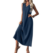 Summer Dresses for Women Cotton Linen Maxi Dress Casual Sleeveless Solid Long Sundress Deep S