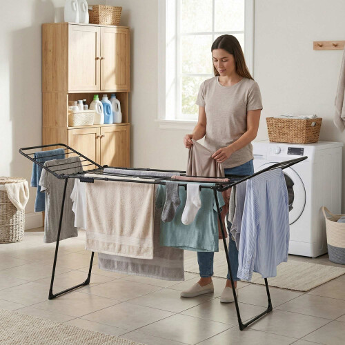 Étendoir à linge extensible, 27 m, pliable, noir