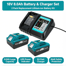2Pcs 18V 8.0Ah Li-ion Batteries + DC18RC UK Charger, Replacement Battery Pack for Makita 18V Cordless Tools
