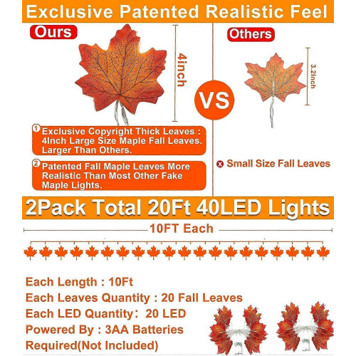 2 Pack Fall Enlarged Maple Leaf Fall Lights Leaf 20Ft 40LED Lights Battery Operated Fall Home 2