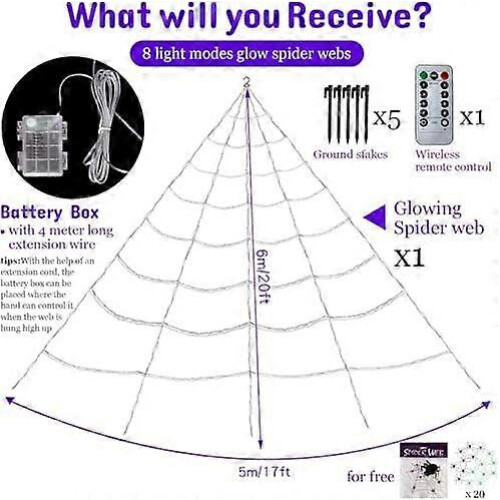5Ft Giant Spider 20 * 17FT Spider Web 150 Led Purple Lights Light Up Lighted 200sqft Cobweb 2 1