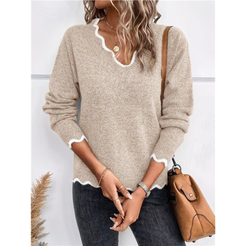 Damen-Pullover mit V-Ausschnitt, Kuschelig, Leicht, Langärmlig Khaki L 2