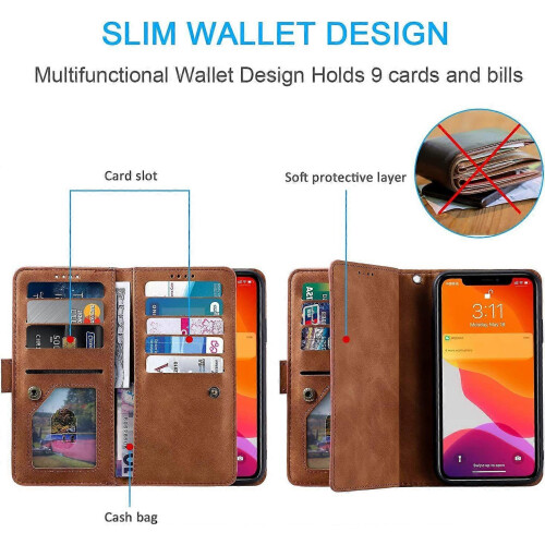 Wallet Case iPhone 7 Plus iPhone 8 Plus, 9 Card Holder Slots Zipper Case PU Leather Case - Brown 1