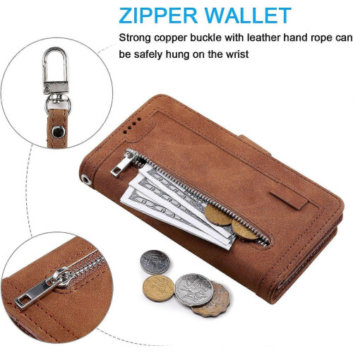Wallet Case iPhone 7 Plus iPhone 8 Plus, 9 Card Holder Slots Zipper Case PU Leather Case - Brown 2