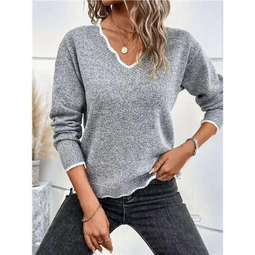 Damen-Pullover mit V-Ausschnitt, Kuschelig, Leicht, Langärmlig Grau L 1