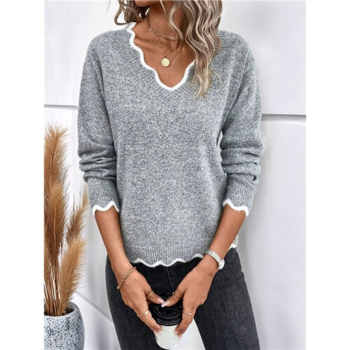 Damen-Pullover mit V-Ausschnitt, Kuschelig, Leicht, Langärmlig Grau L 2