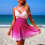 Dames Eendelig Badpak met Kleurverloop en Rokje, Monokini Bikini Model Roze Verloop M 3