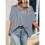 Camicia Casual da Donna A Righe con Bottoni, Collo A V, Maniche Corte e Ampia Blu M 3