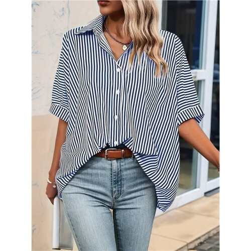 Camicia Casual da Donna A Righe con Bottoni, Collo A V, Maniche Corte e Ampia Blu M 2