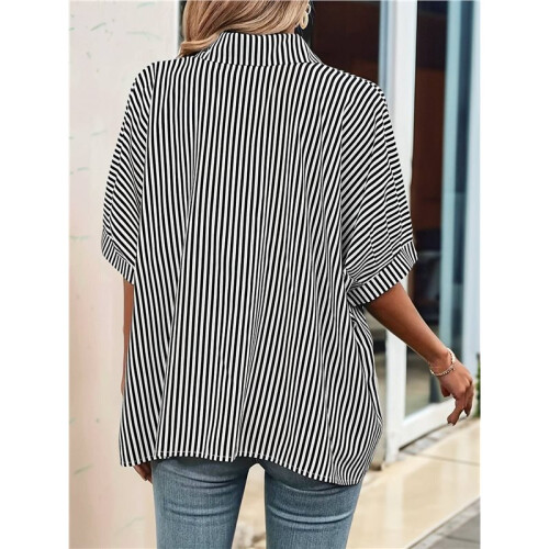 Camicia Casual da Donna A Righe con Bottoni, Collo A V, Maniche Corte e Ampia Nero M 1