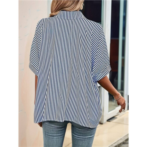 Camicia Casual da Donna A Righe con Bottoni, Collo A V, Maniche Corte e Ampia Blu S 1
