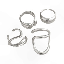 (Steel Color, One size) Ensemble de 4 bagues géométriques irrégulières et ajustables, ouvertes, pour les rendez-vous, les fêtes et le quotidien.