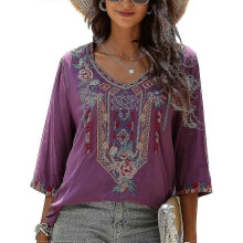 (3X-Large, Purple) Tunique ample décontractée à broderies bohèmes mexicaines pour femme, col en V, manches 3/4