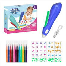 (Blue) Kids Electric Airbrush Spray Pen Kit - 12 Markers 30 Model Sheets Inkjet Brush for DIY Art