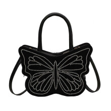 (Black) Elegante Umhängetasche aus burgunderrotem PU-Leder mit Schmetterlingsmotiv, Reißverschluss und Henkel für Damen.