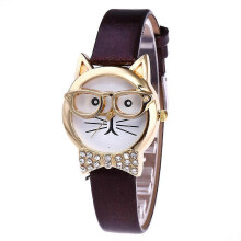 (Coffee) Montre-bracelet analogique à quartz avec cadran rond et motif chat adorable, en similicuir et strass.