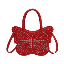 (Burgundy) Burgundowa skórzana torebka typu crossbody z motylem, zapinana na suwak, z uchwytem na górze, damska, elegancka na zakupy