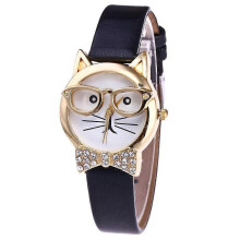(Black) Montre-bracelet analogique à quartz avec cadran rond et motif chat adorable, en similicuir et strass.
