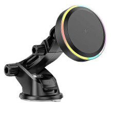 (Suction cup) Support de chargeur de voiture magnétique sans fil à charge rapide 15 W avec lumière RGB pour téléphone de bureau