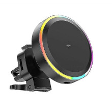 (Air outlet) Support de chargeur de voiture magnétique sans fil à charge rapide 15 W avec lumière RGB pour téléphone de bureau