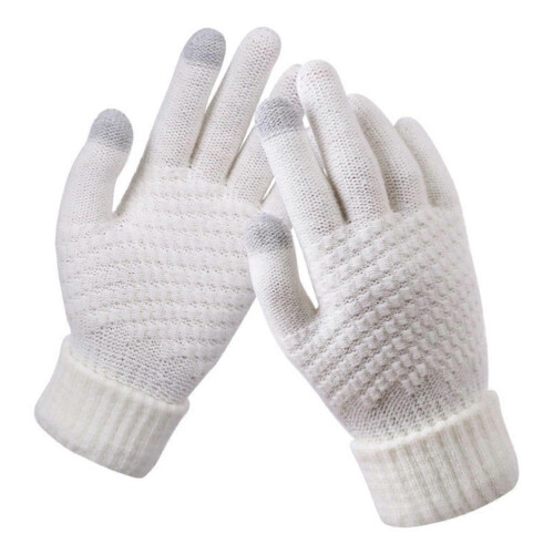 (White) 1 Pair Full Finger Solid Color Knit Gloves Fleece Lined High Elastic Touchscreen Unisex