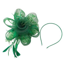 (Green) WomenRetroMeshFauxPearl HairHoopHairpin FlowersFeathers HeadbandPromHeaddressClipHeadgear