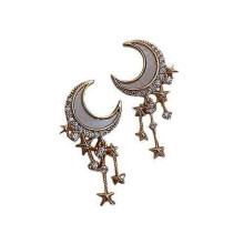 (Light Yellow Gold) Trendige, geometrische Stern- und Mond-Ohrhänger für Damen, Perlen, Zirkonia, Metall, Partyschmuck