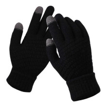 (Black) Paar einfarbige Strickhandschuhe mit vollen Fingern, fleecegefüttert, hochelastisch, Touchscreen-kompatibel, Unisex