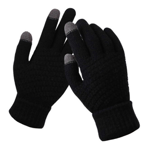 (Black) 1 Pair Full Finger Solid Color Knit Gloves Fleece Lined High Elastic Touchscreen Unisex