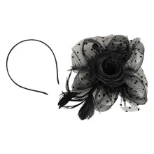 (Black) WomenRetroMeshFauxPearl HairHoopHairpin FlowersFeathers HeadbandPromHeaddressClipHeadgear