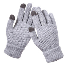 (Grey) 1 Pair Full Finger Solid Color Knit Gloves Fleece Lined High Elastic Touchscreen Unisex