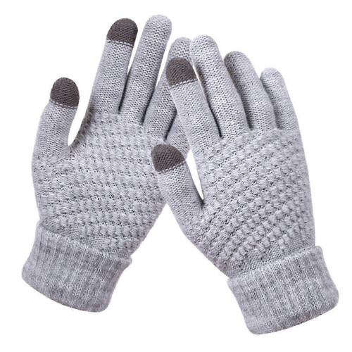(Grey) 1 Pair Full Finger Solid Color Knit Gloves Fleece Lined High Elastic Touchscreen Unisex