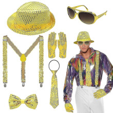 (Set 6) Accessoires de scène années 80/90 pour Halloween, cosplay, danse, star : chapeau, bretelles, nœud papillon, gants (3 à 6 pièces).